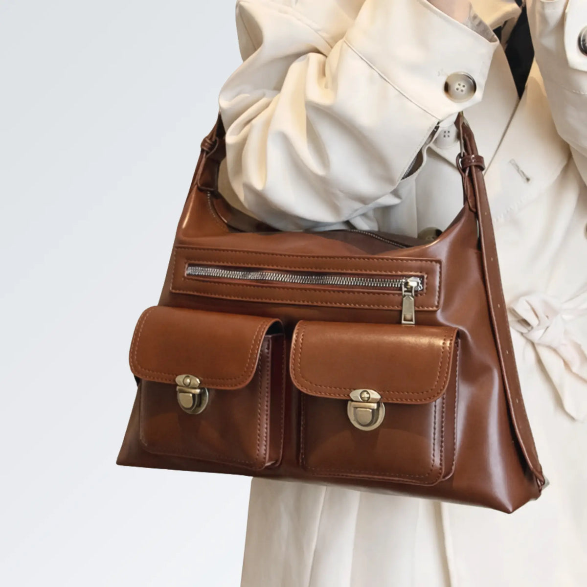 Sac à main besace bandoulière marron en cuir PU