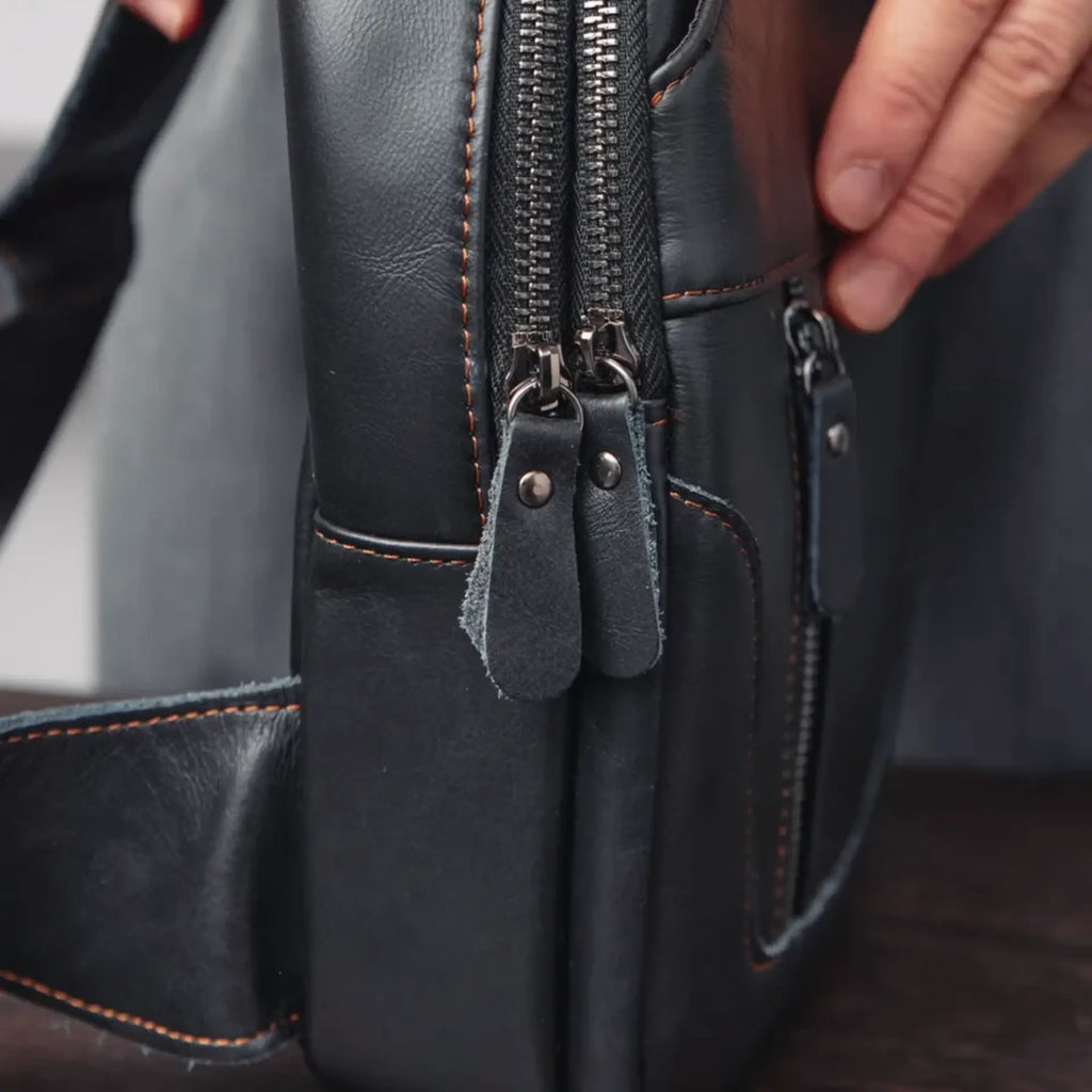 Sac besace en cuir homme double fermeture zippé